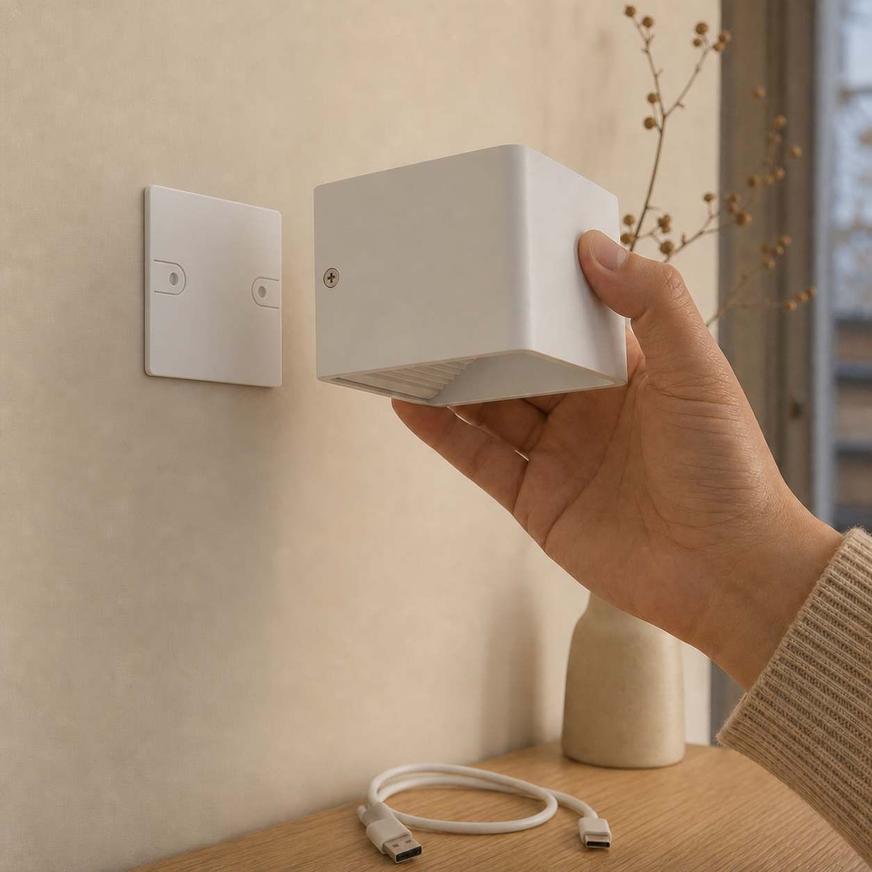 Witte Cube wandlamp wordt losgenomen van de vierkante magnetische wandplaat