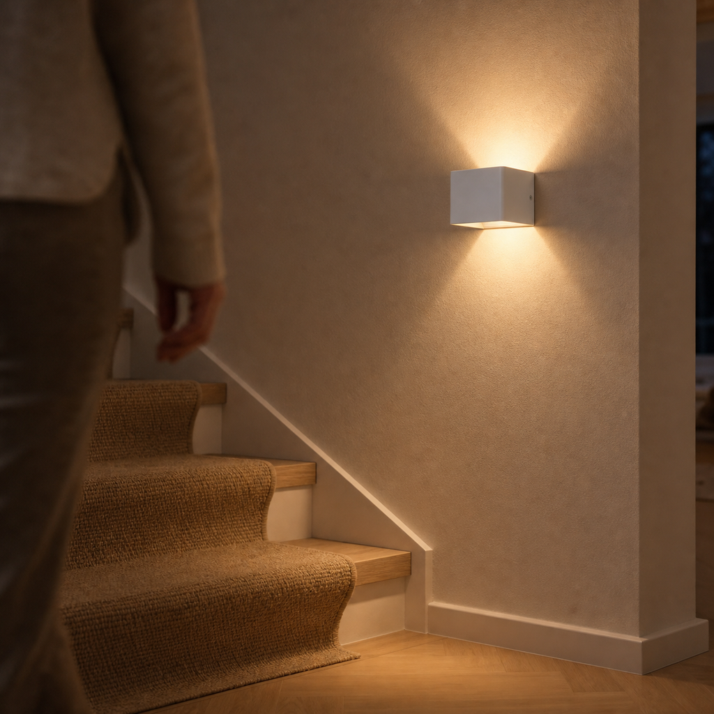 White Cube wall light automatically illuminates a dark stairwell