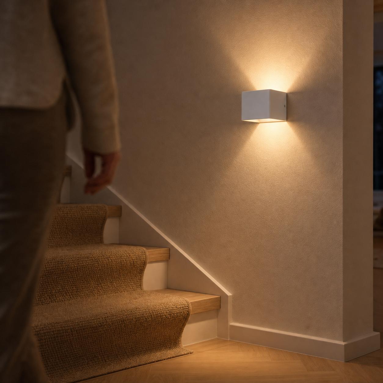 Witte Cube wandlamp geeft automatisch licht bij een donker trapgat