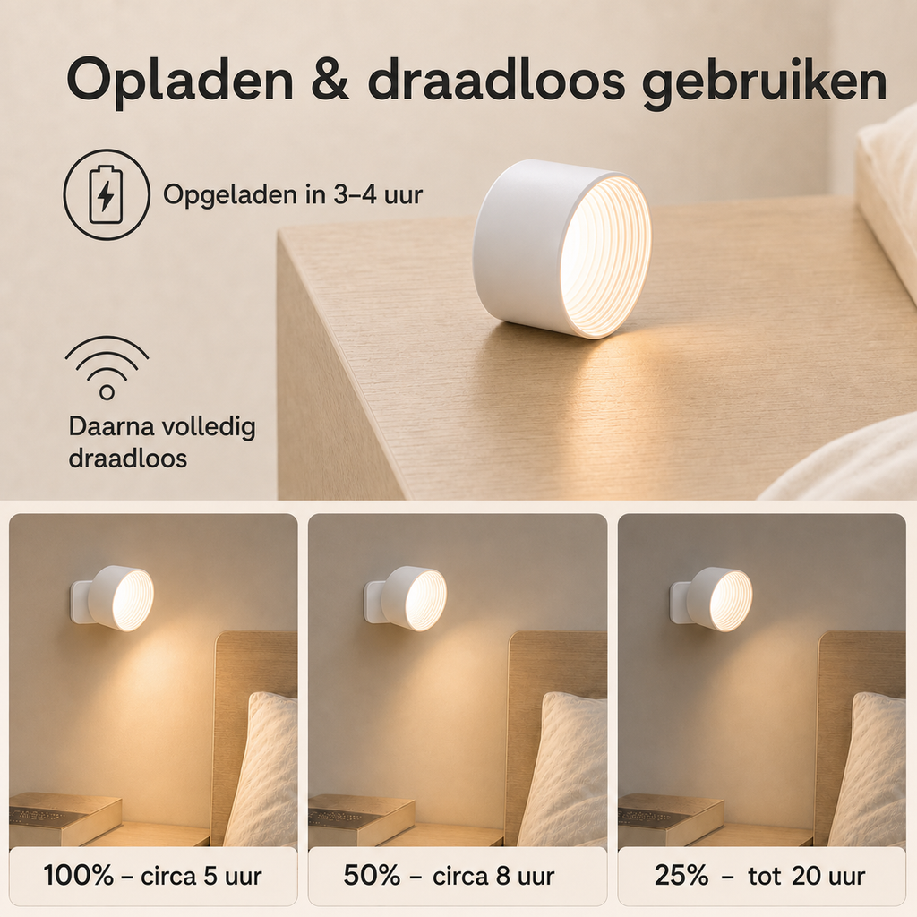 Liora rechargeable wall light: fully wireless after 3–4 hours of charging, with battery life by brightness level