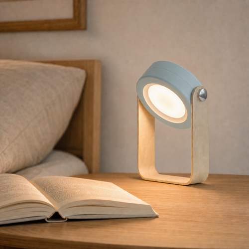 Noura opvouwbare oplaadbare lantaarnlamp in blauwgrijs met natuurlijke houten beugel