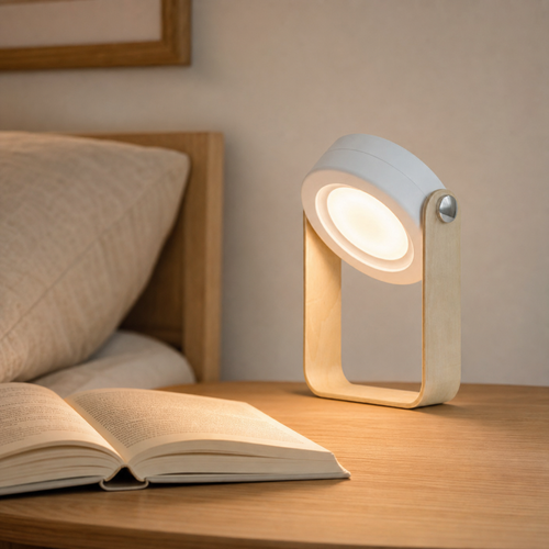 Noura opvouwbare oplaadbare lantaarnlamp in wit met natuurlijke houten beugel