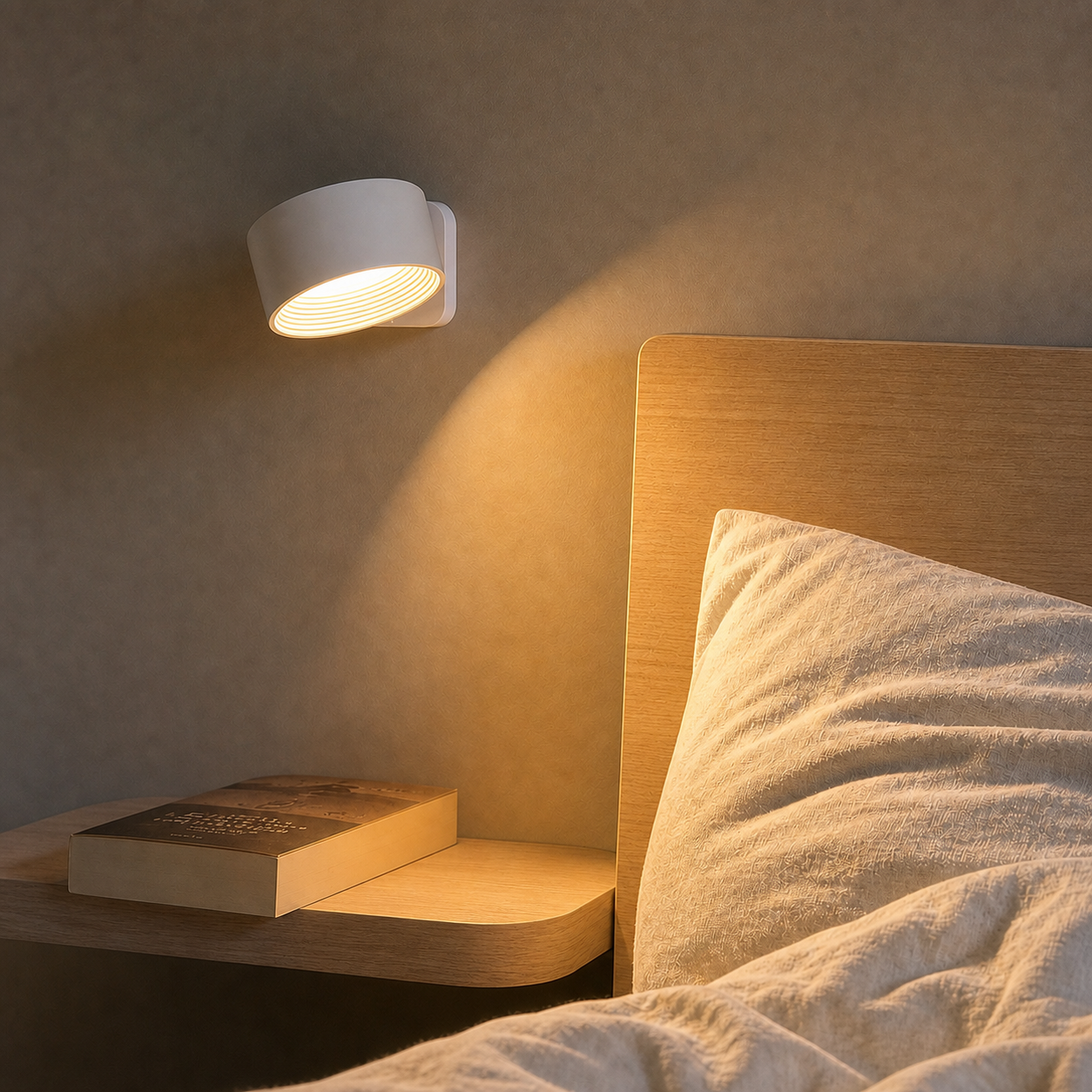 Witte oplaadbare magnetische wandlamp naast een bed met warm gericht licht