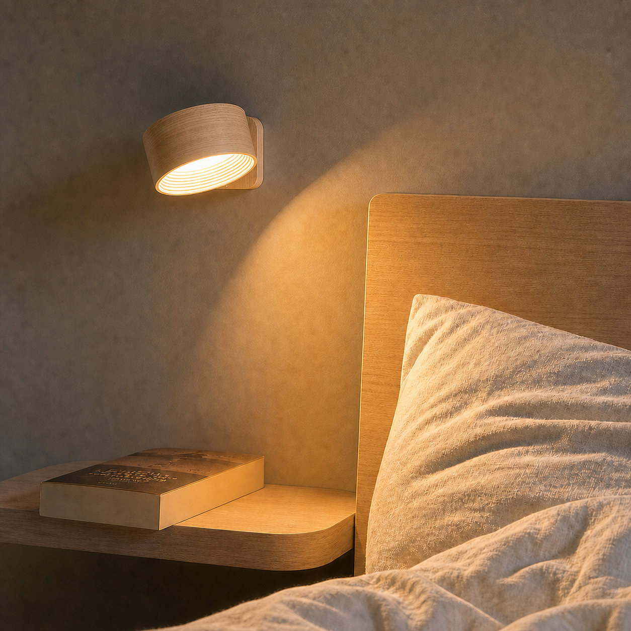 Oplaadbare magnetische wandlamp in lichte houtlook naast een bed met warm gericht licht