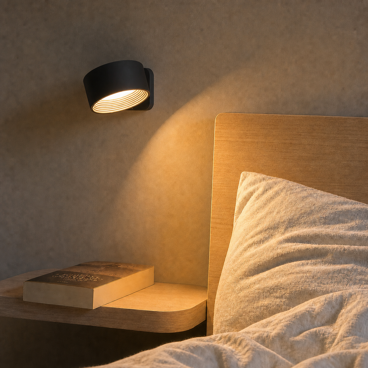 Zwarte oplaadbare magnetische wandlamp naast een bed met warm gericht licht