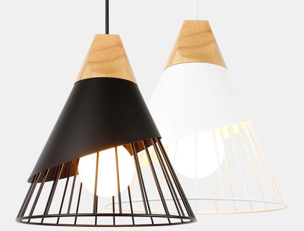 Hanglamp Scandinavisch met Houten Basis en IJzeren Kooi