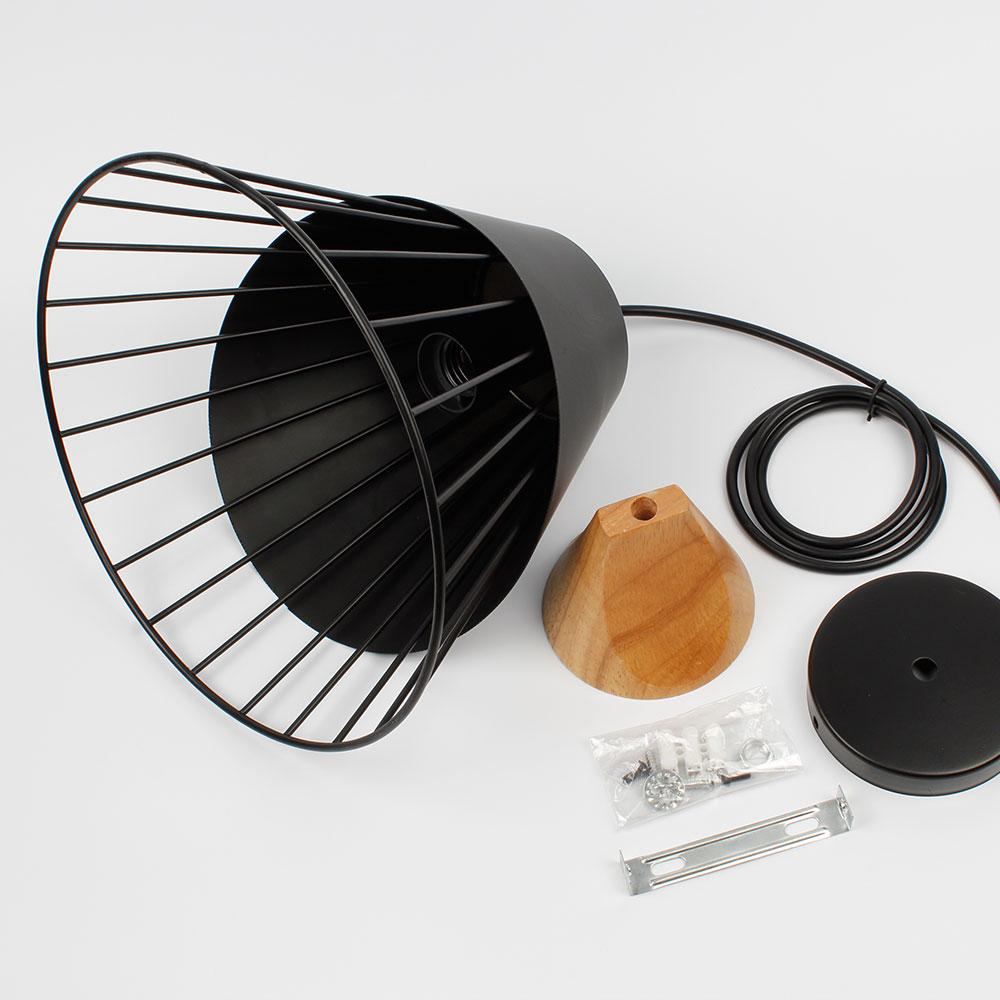Hanglamp Scandinavisch met Houten Basis en IJzeren Kooi